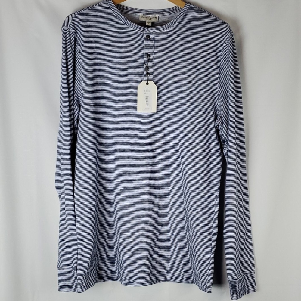 Crosby & Howard long sleeve men's blue and white striped button henley size Lg
